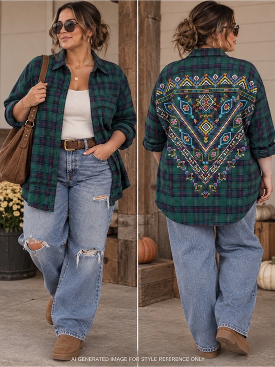 Umgee Tops - UMGEE Green Plaid Flannel Button Down Shirt Boho Embroidered Back Large L